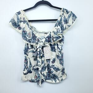 Free People Cha-Cha Off The Shoulder Blouse Women Medium Blue Paisley Print NEW